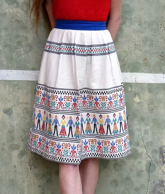 70s vintage folk embroidered midi skirt