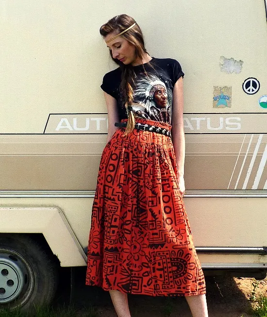 80s vintage tribal print midi skirt