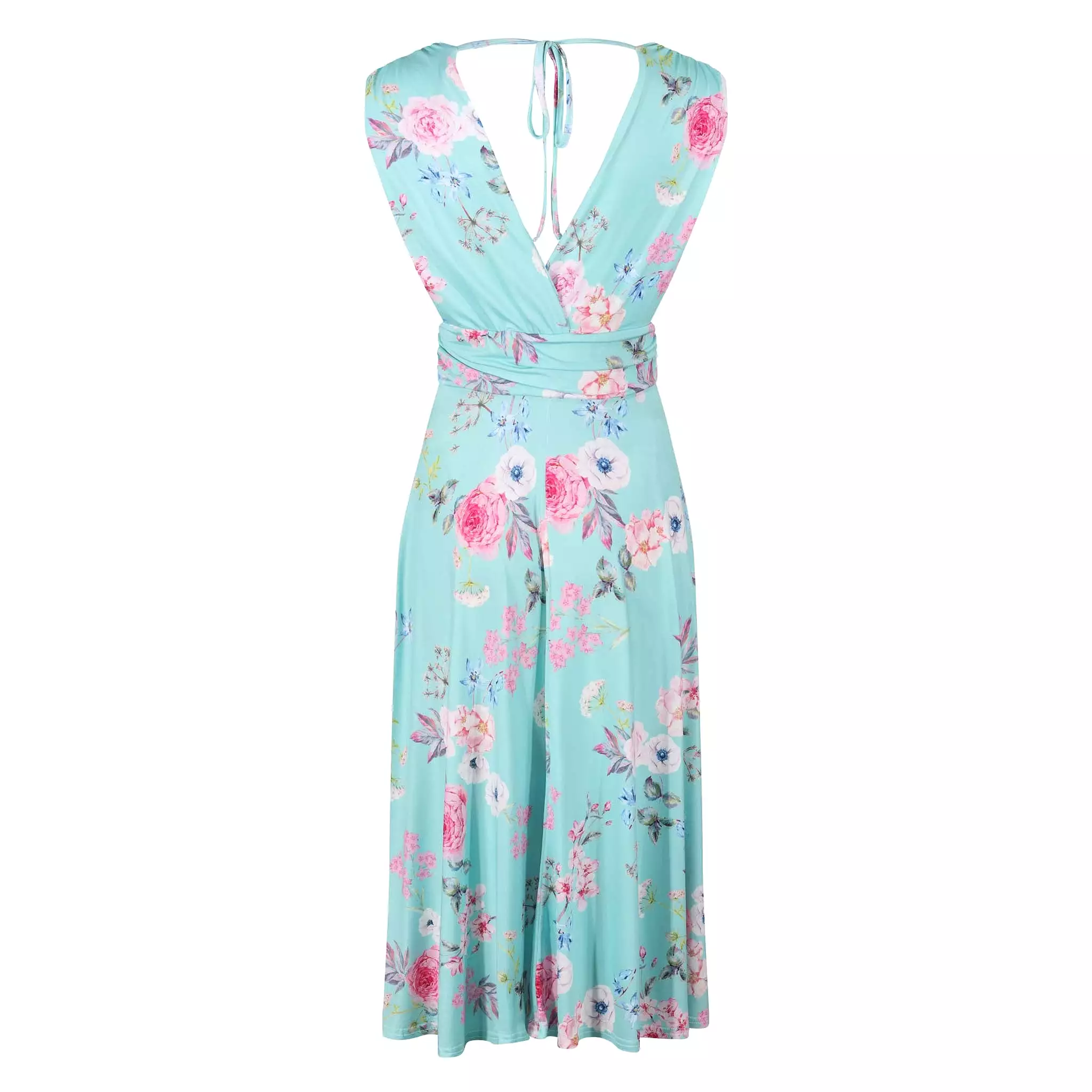 Aqua Mint Floral Print V Neck Crossover Top Empire Waist Swing Dress