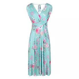 Aqua Mint Floral Print V Neck Crossover Top Empire Waist Swing Dress