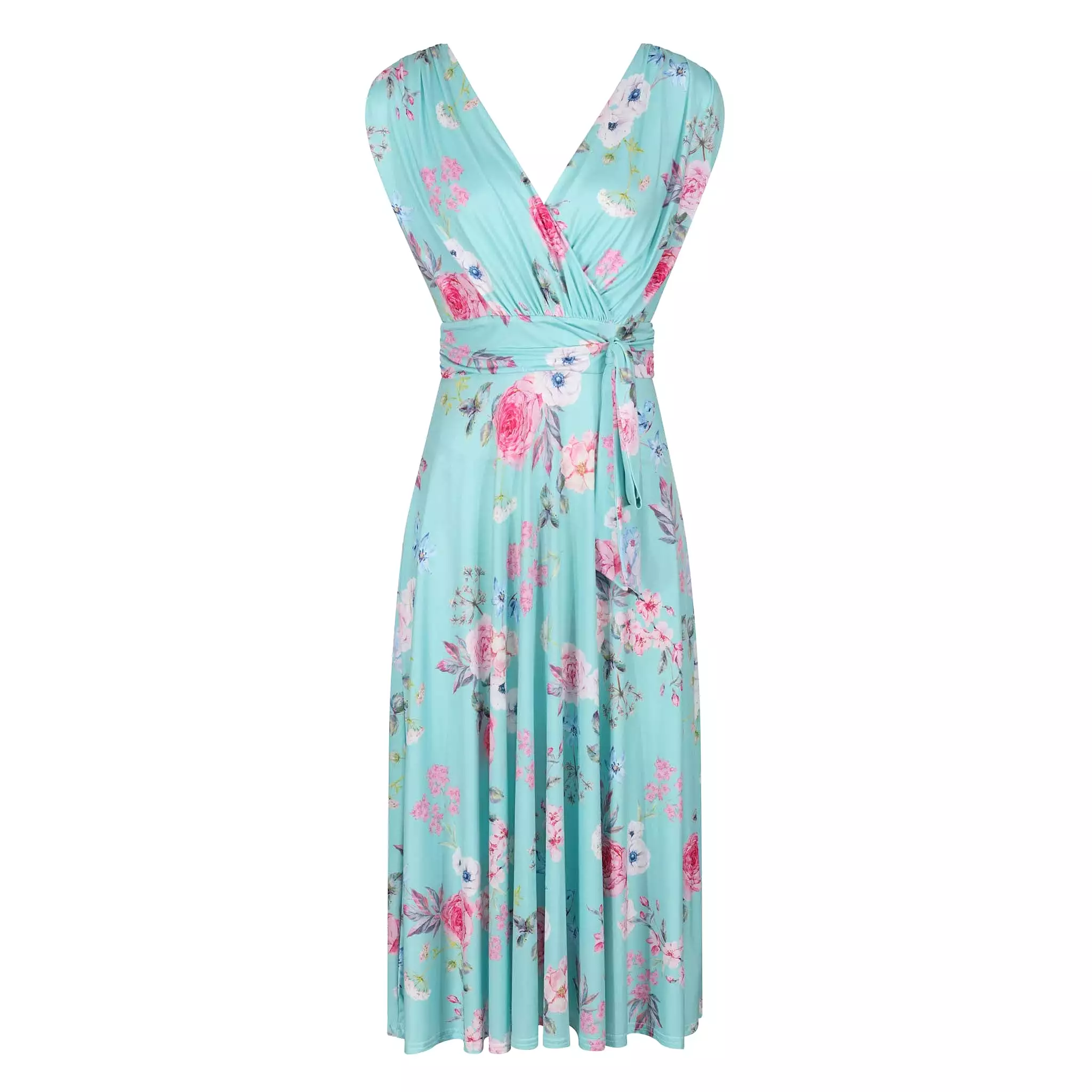 Aqua Mint Floral Print V Neck Crossover Top Empire Waist Swing Dress