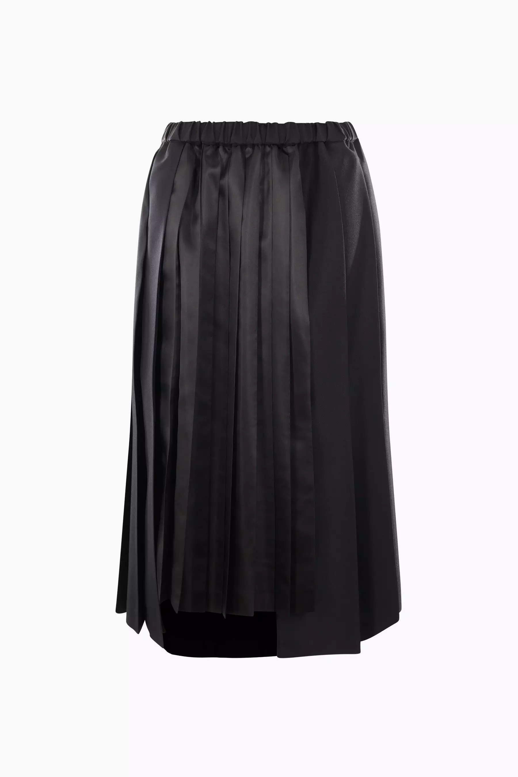 asymmetric pleated twill and satin midi skirt