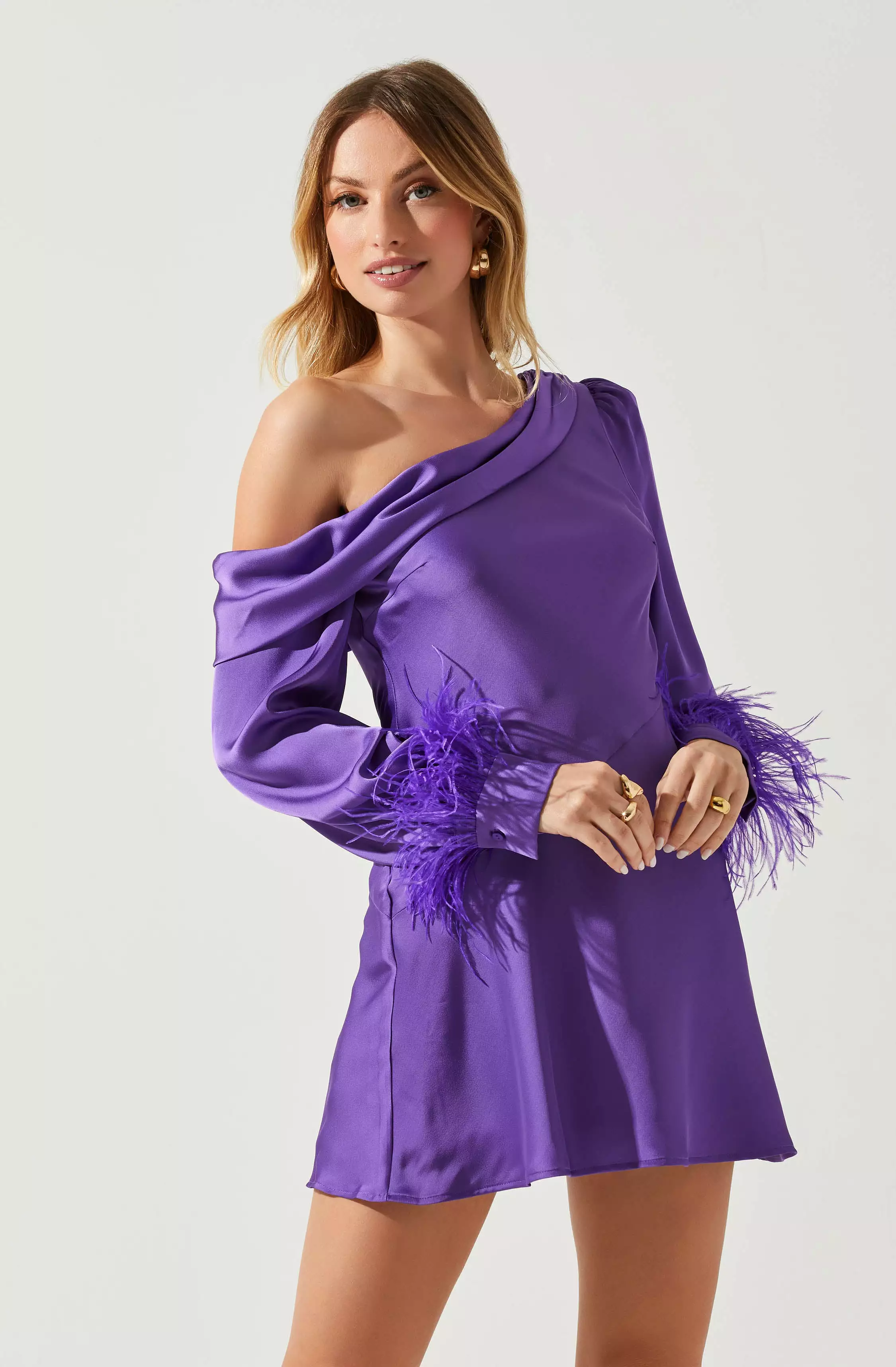 Augusta Off Shoulder Feather Trim Mini Dress