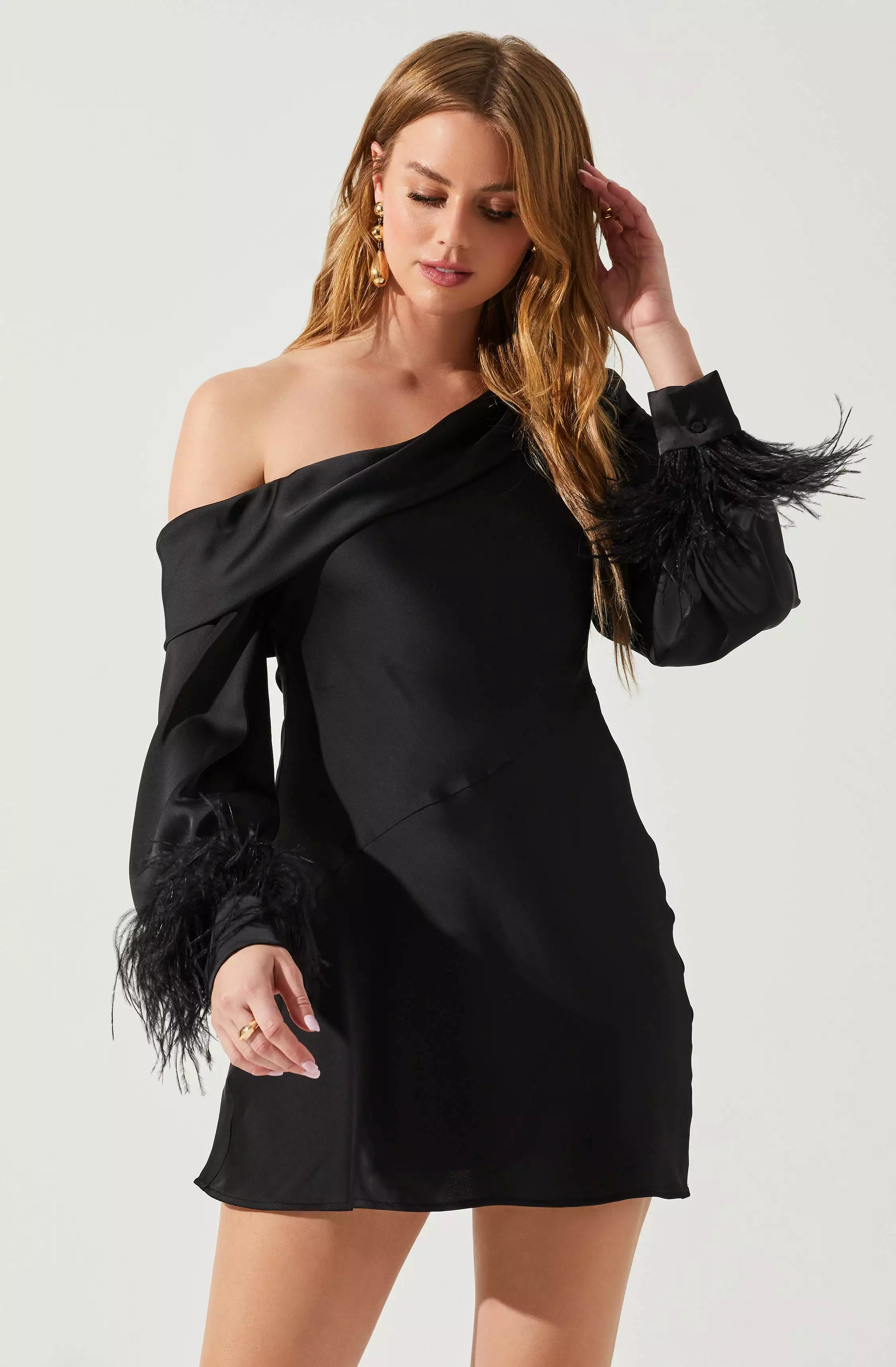 Augusta Off Shoulder Feather Trim Mini Dress