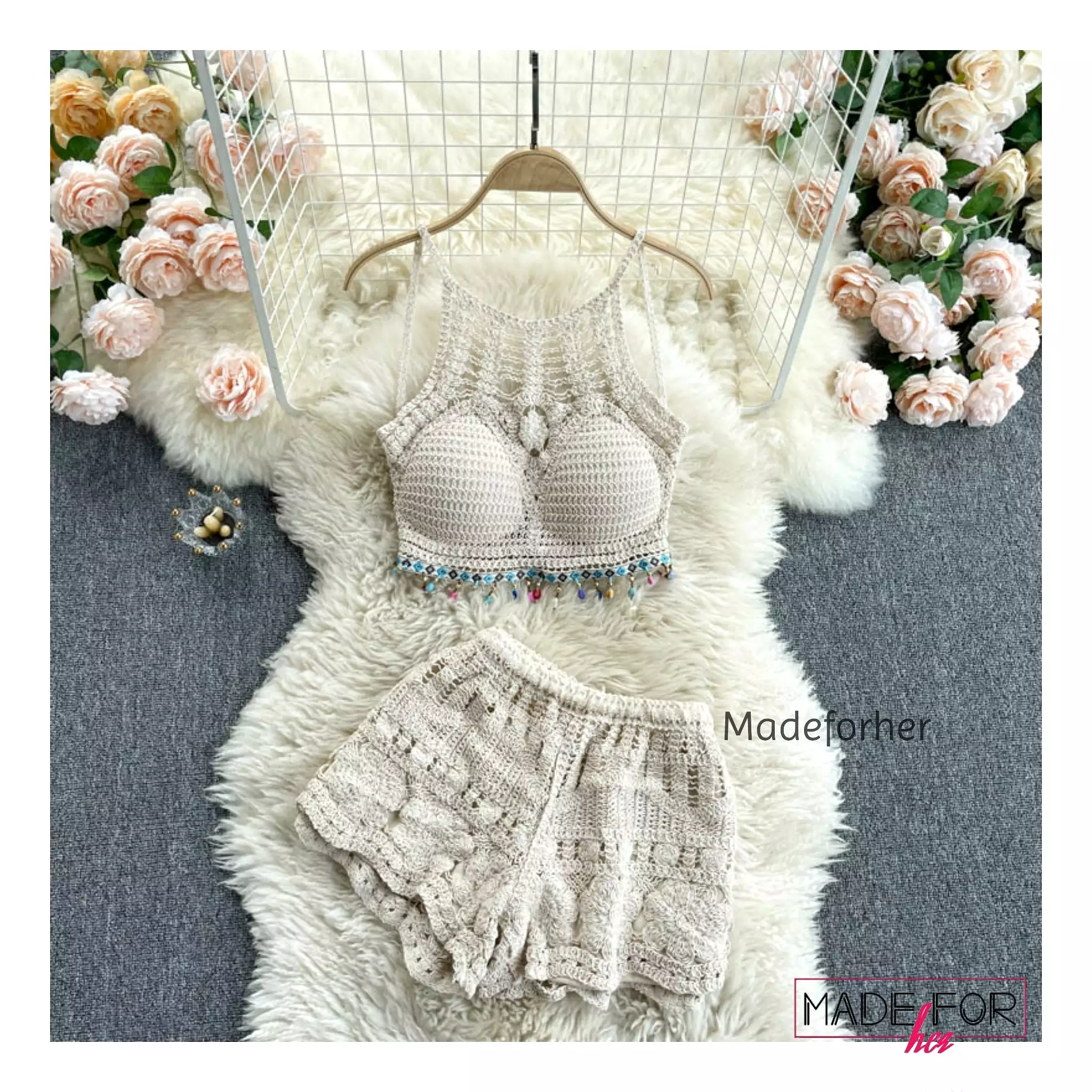 Austin Crochet Blouse With Shorts And Cape Set