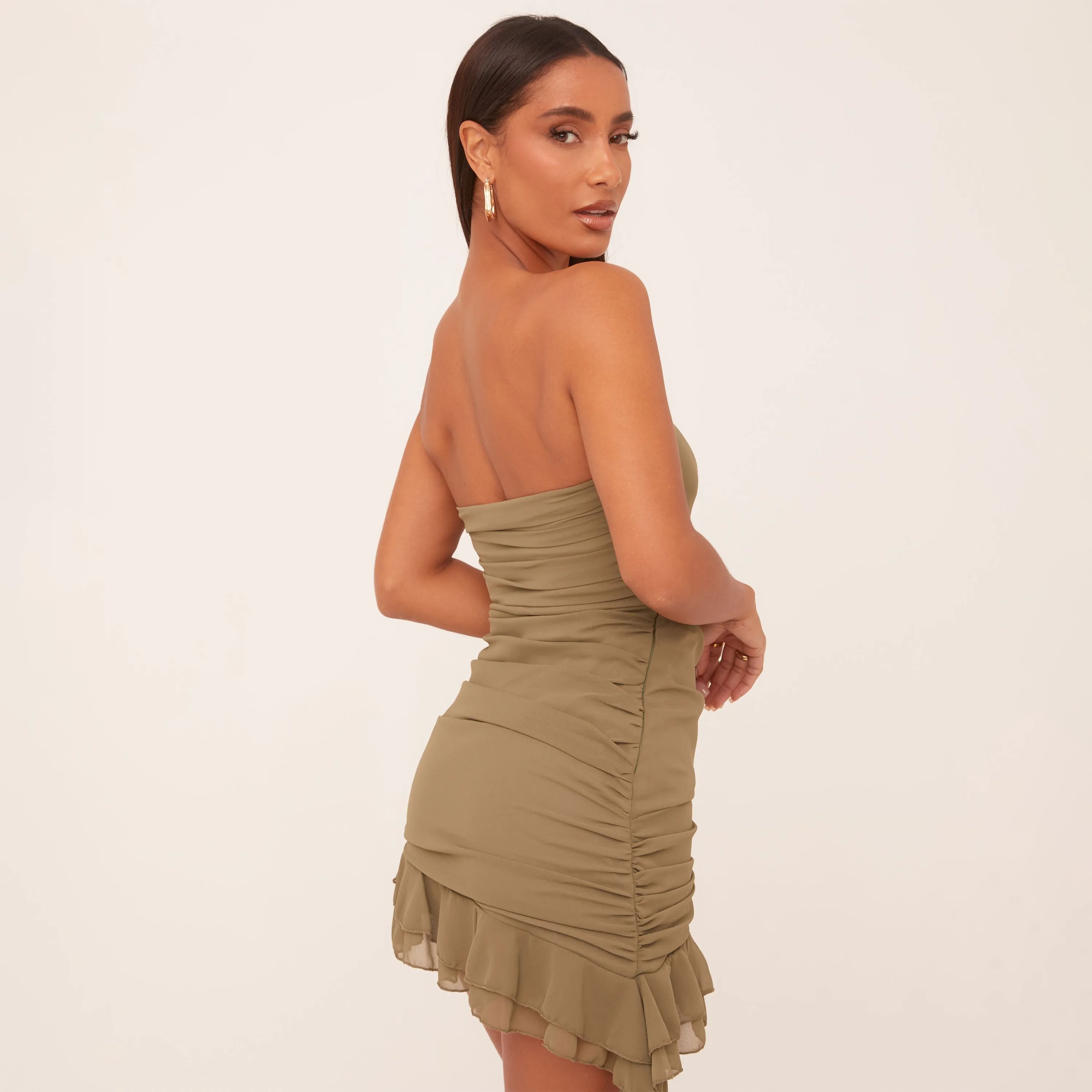 Bandeau Ruched Frilly Hem Mini Bodycon Dress In Khaki Green Mesh