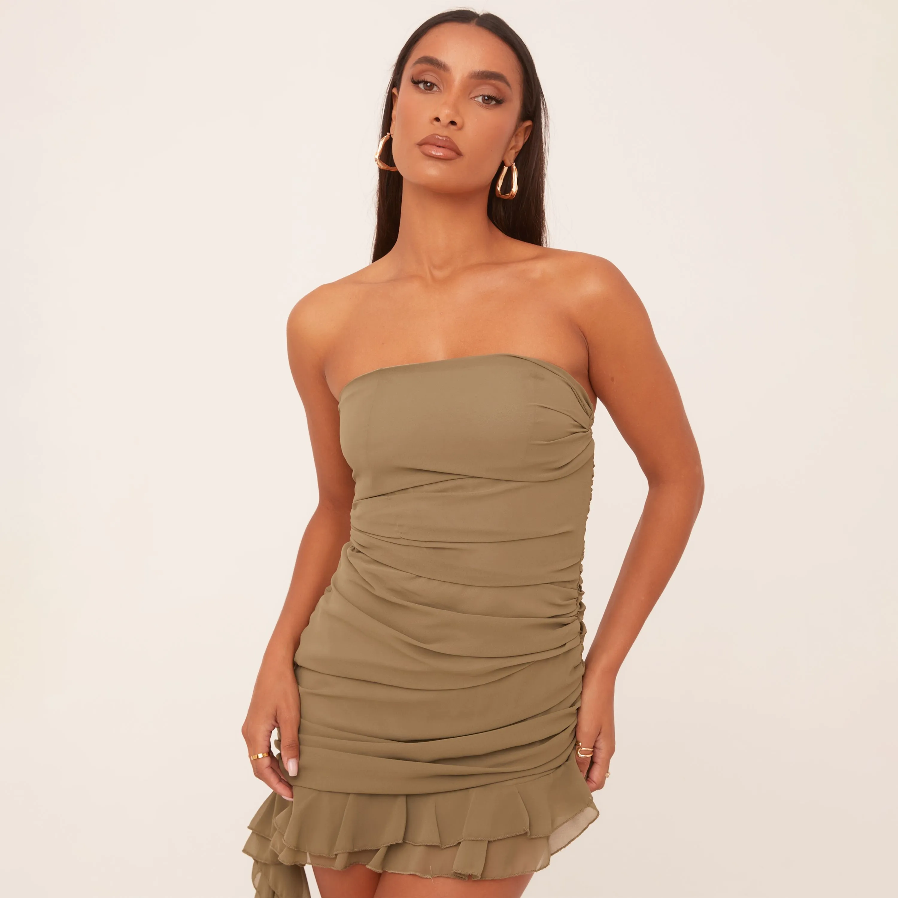 Bandeau Ruched Frilly Hem Mini Bodycon Dress In Khaki Green Mesh