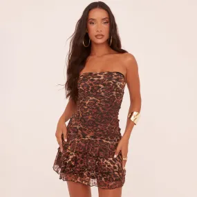 Bandeau Tiered Frill Hem Mini Dress In Brown Leopard Print