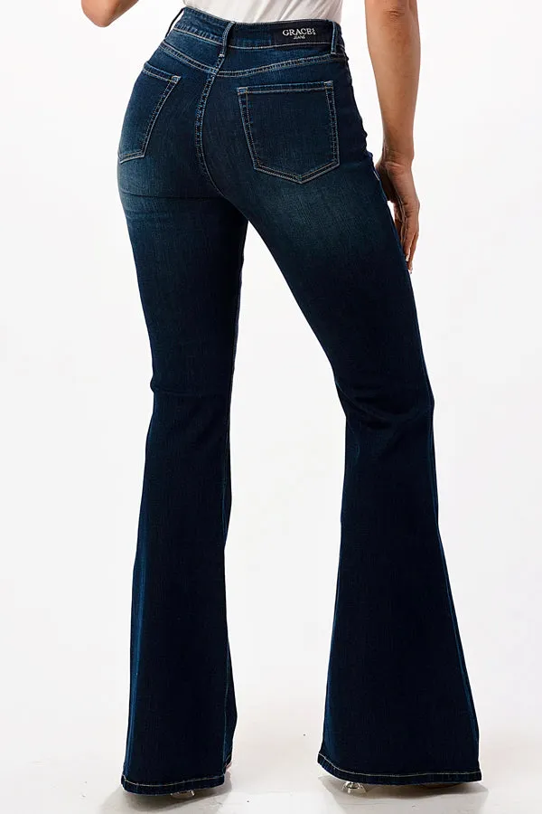 Basic Dark Blue Wash Mid Rise Flare Jeans