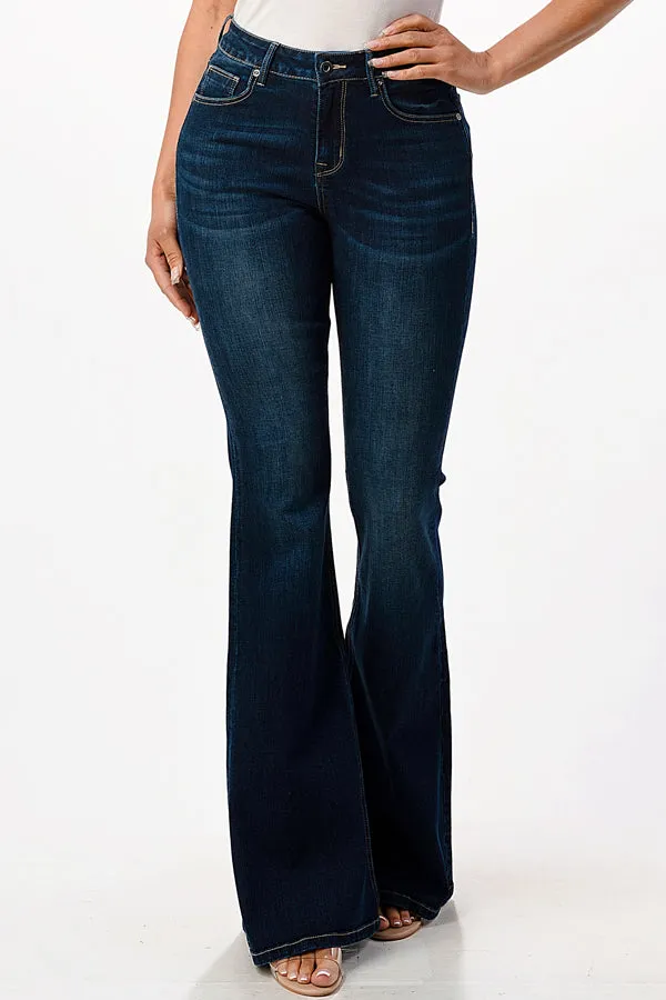 Basic Dark Blue Wash Mid Rise Flare Jeans