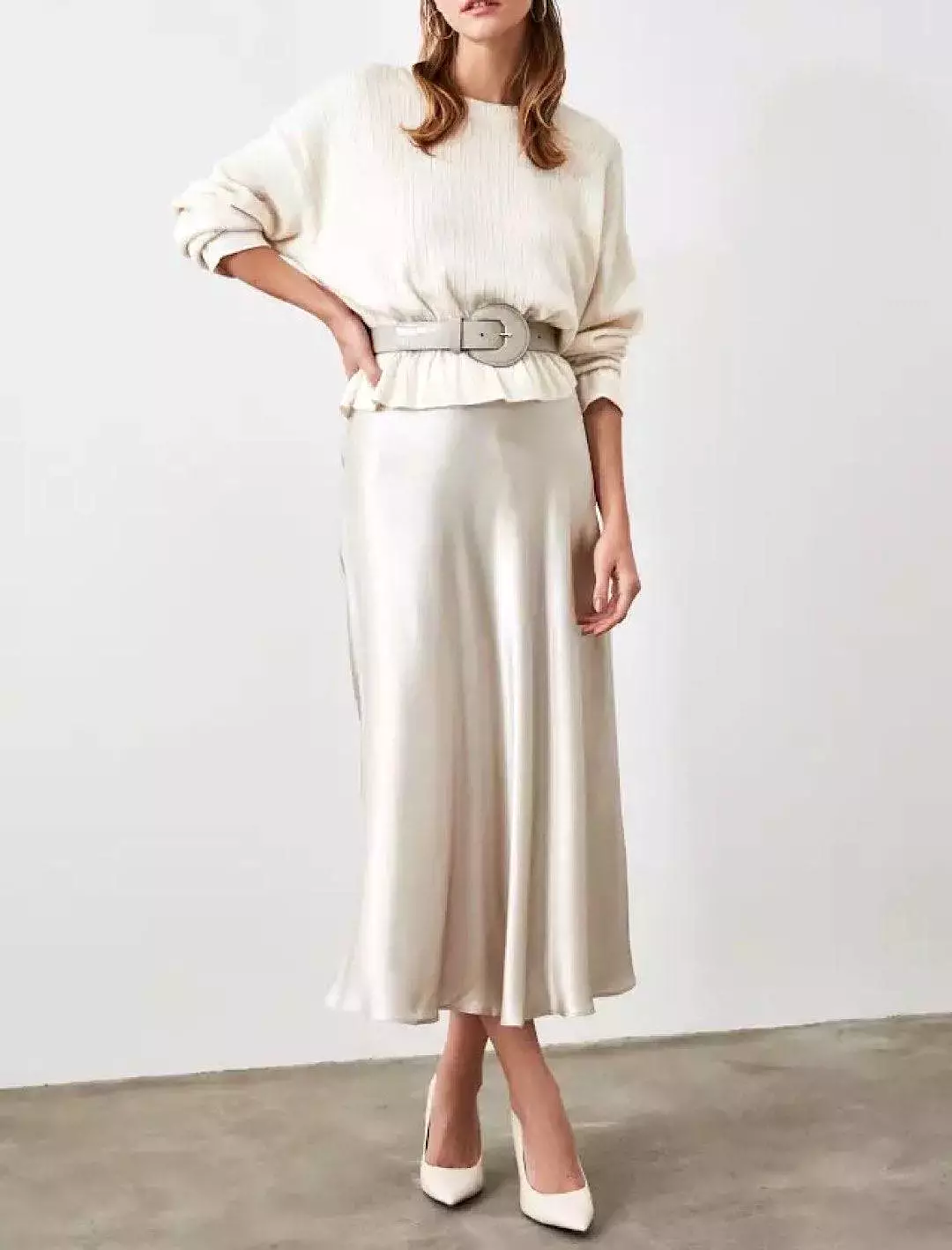 Beige Satin Midi Plain Skirt