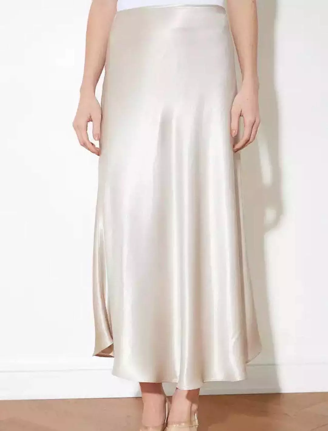 Beige Satin Midi Plain Skirt