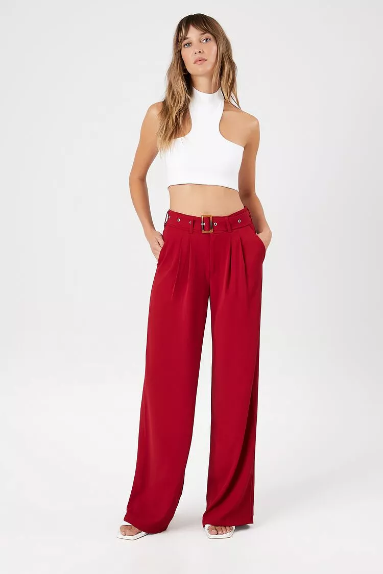 Belted Pleated Wide-Leg Pants