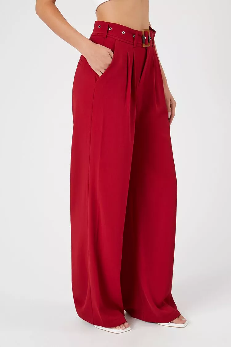 Belted Pleated Wide-Leg Pants