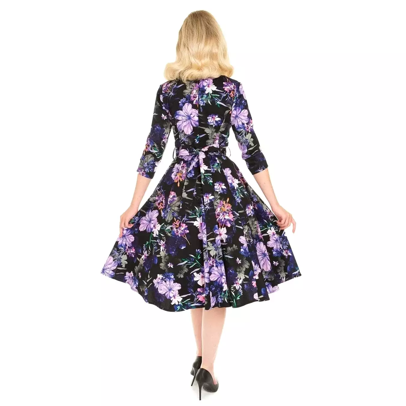 Black & Purple Floral Print 3/4 Sleeve 50s Swing Tea Dress