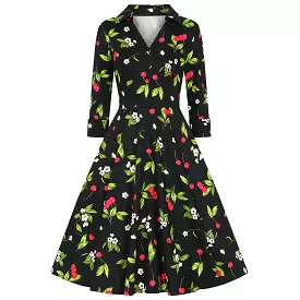 Black & Red Cherry Print Collared V Neck Rockabilly 50s Swing Dress w/ Pockets