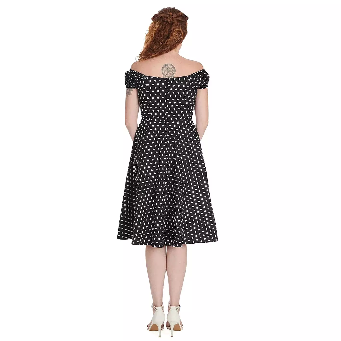 Black & White Polka Dot Bardot Neckline Puff Sleeve 50s Swing Dress