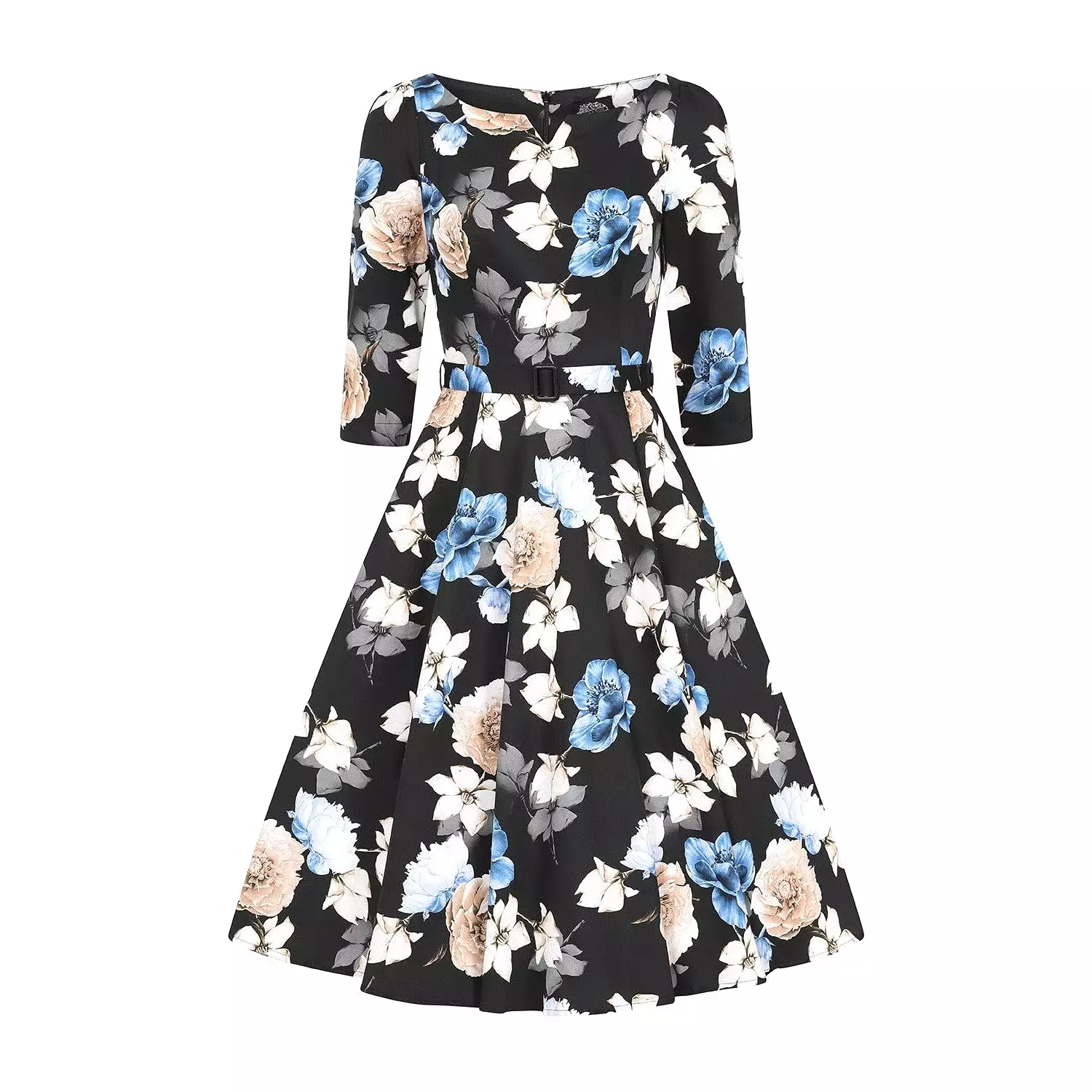 Black And Multi Floral Print 3/4 Sleeve 50s Swing Dress