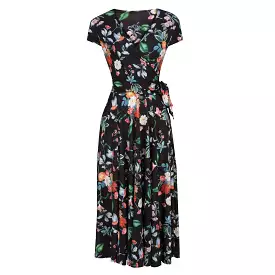 Black Floral Bird Print Cap Sleeve Crossover Top Swing Dress