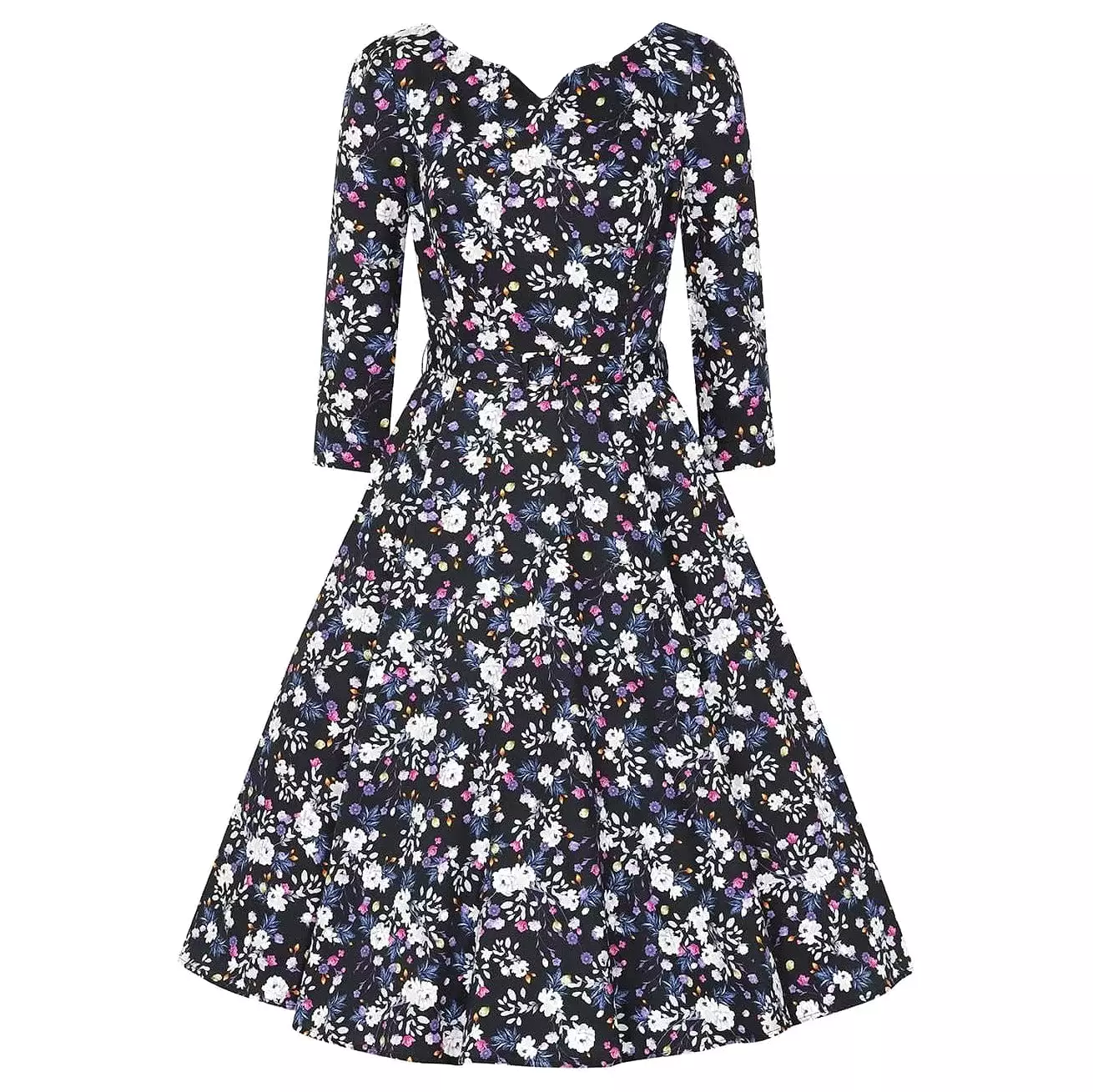 Black Multi Floral Print 3/4 Sleeve 50s Swing Dress