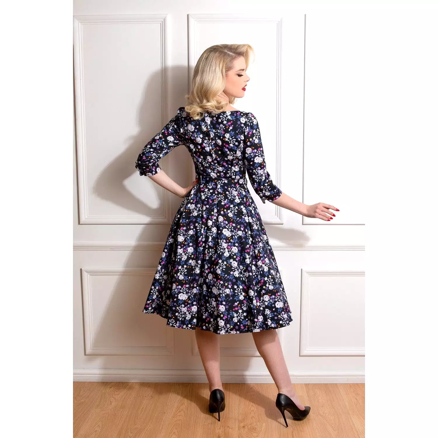 Black Multi Floral Print 3/4 Sleeve 50s Swing Dress