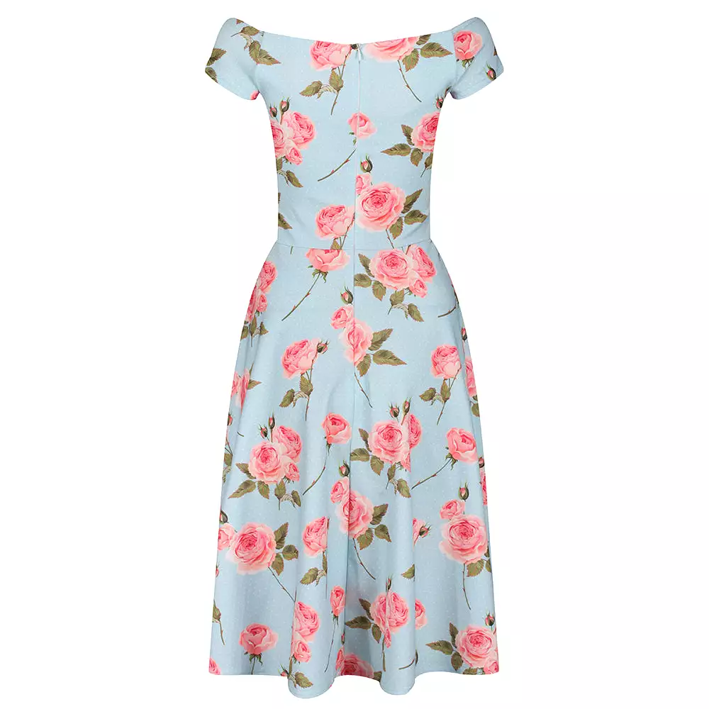 Blue and Pink Floral Cap Sleeve V Neck Swing Dress