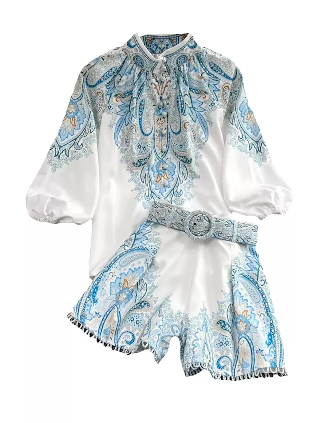 Blue Paisley Print Shirt and Shorts Two Piece Set