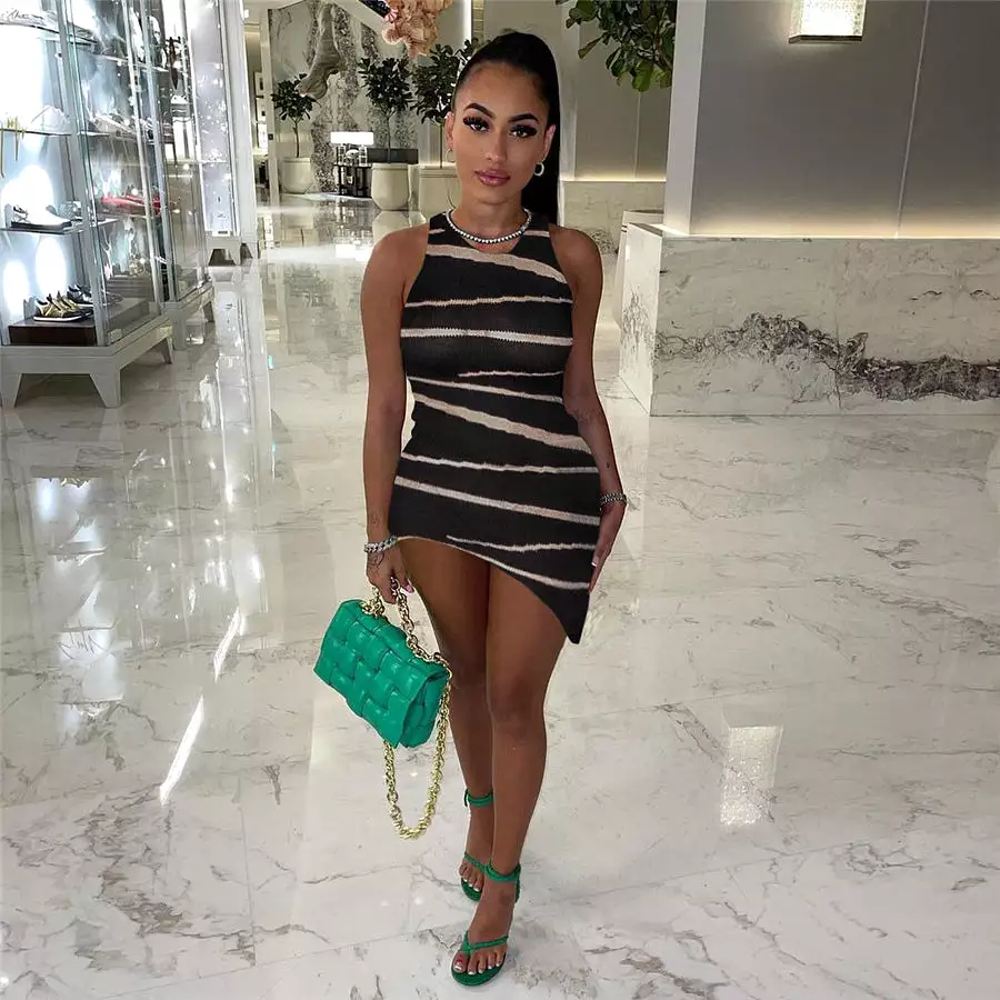 Bodycon Mini Dress Lace Striped Texture Slim Dress Casual Concise Sleeveless Women Casual Dresses