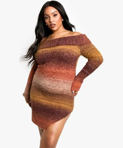 boohoo Womens Plus Ombre Fluffy Knit Off The Shoulder Mini Dress