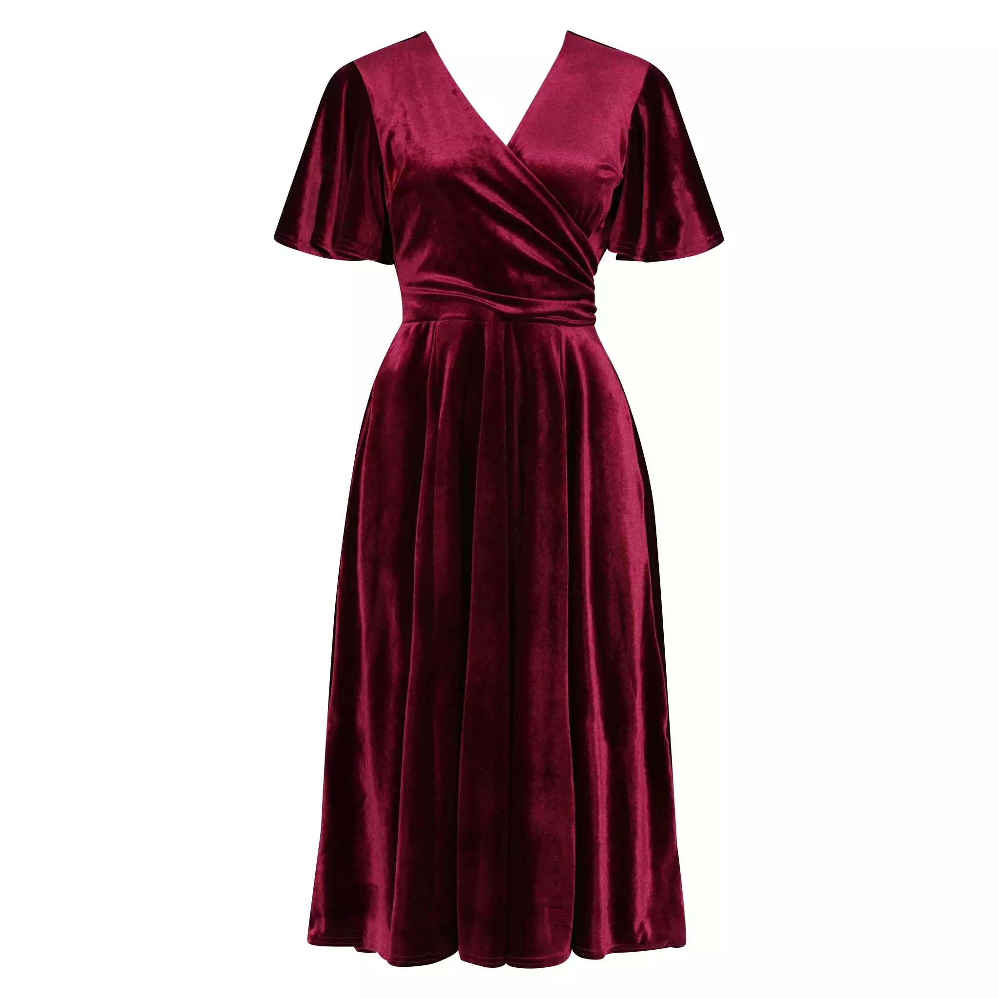 Claret Red Velour Waterfall Sleeve Crossover Wrap Effect Swing Dress