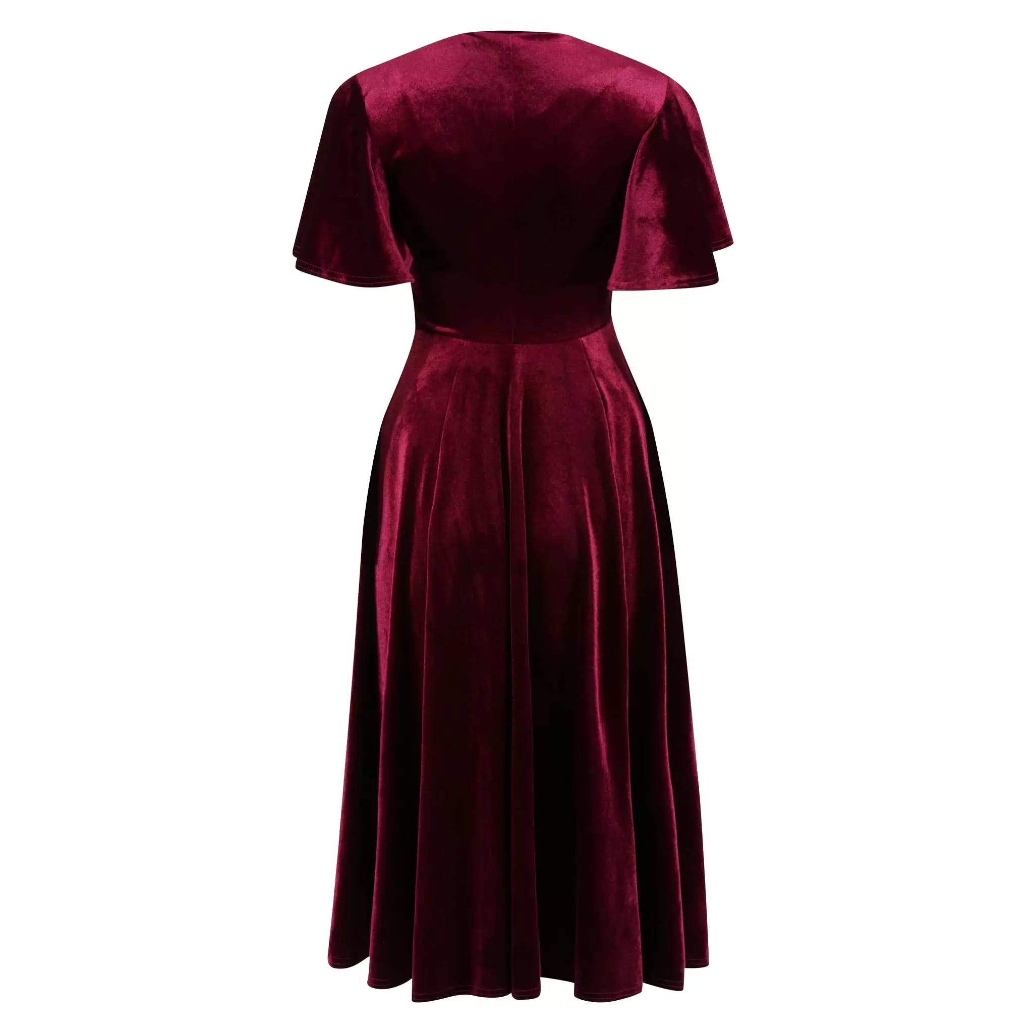 Claret Red Velour Waterfall Sleeve Crossover Wrap Effect Swing Dress