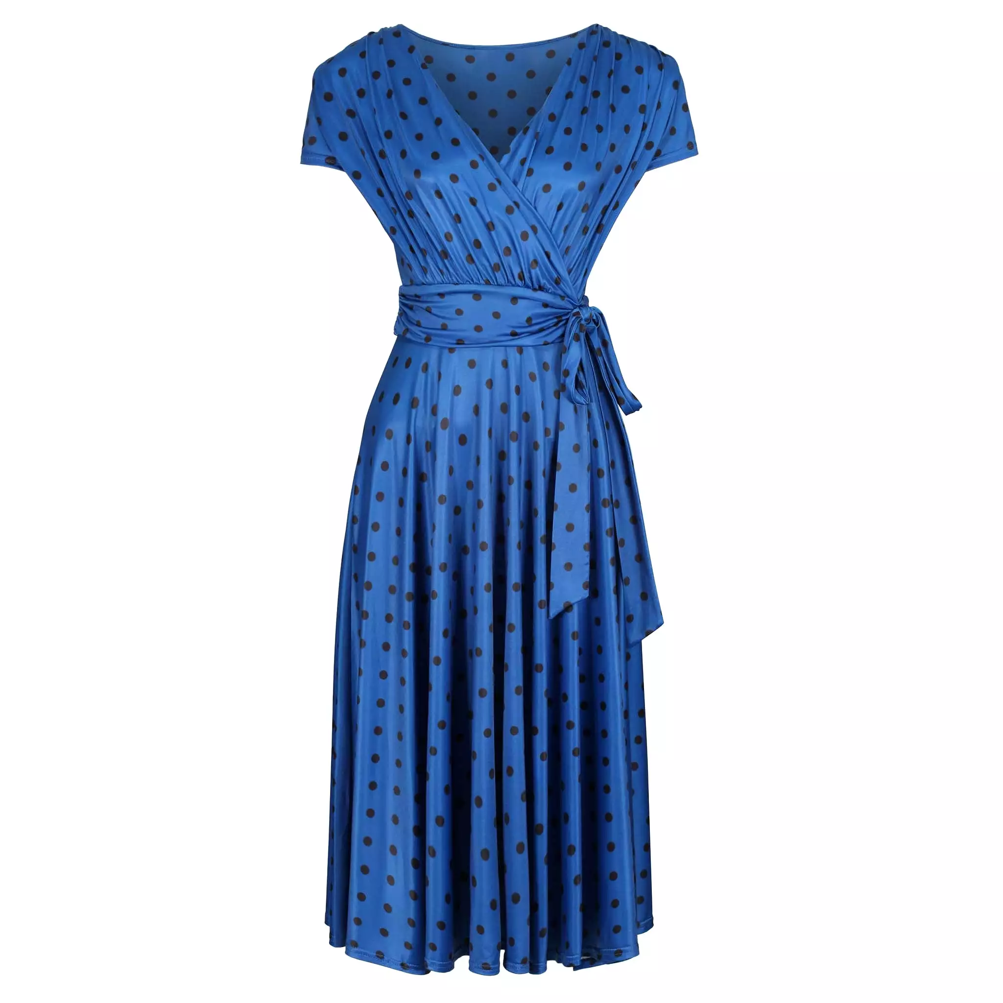 Classic Royal Blue Polka Dot Cap Sleeve Fit And Flare Midi Dress