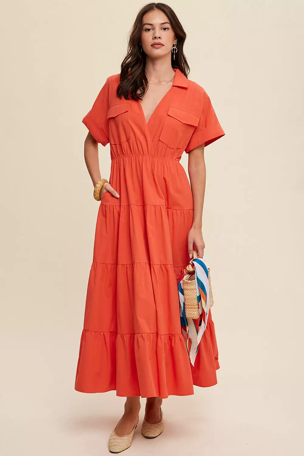 Collared Surplice Neckline Poplin Maxi Dress