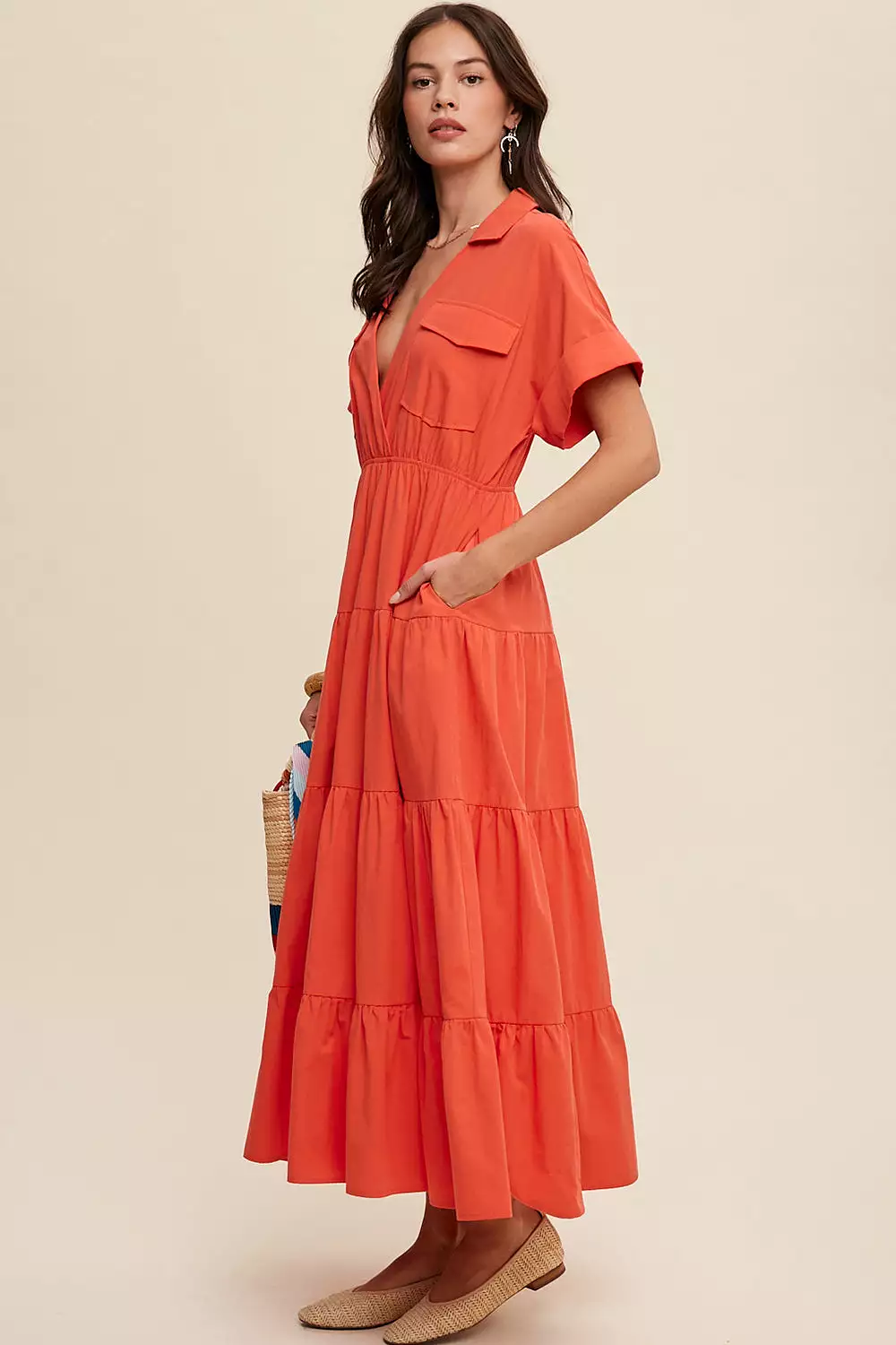 Collared Surplice Neckline Poplin Maxi Dress