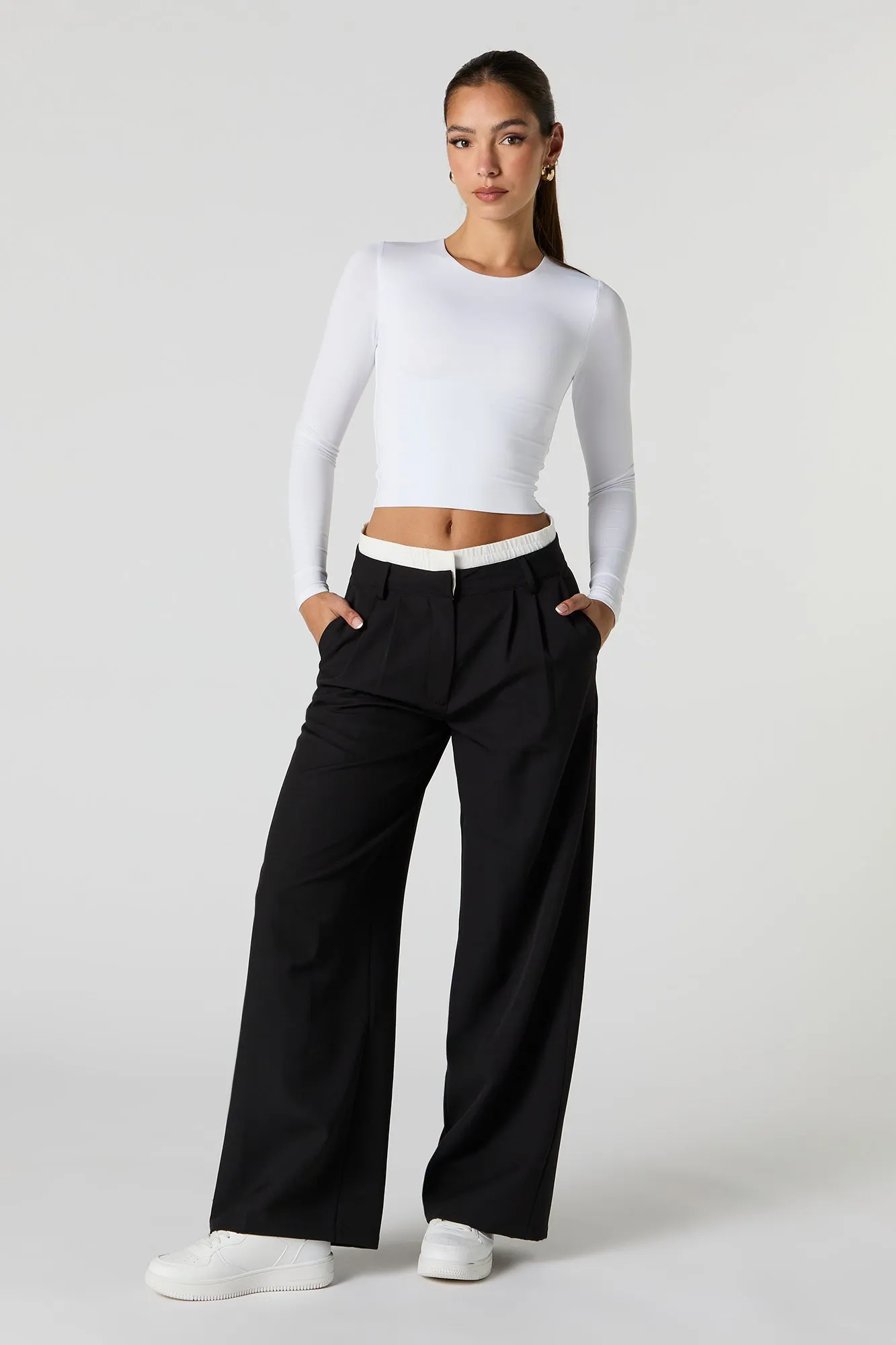 Contrast Waist Straight Leg Dress Pant