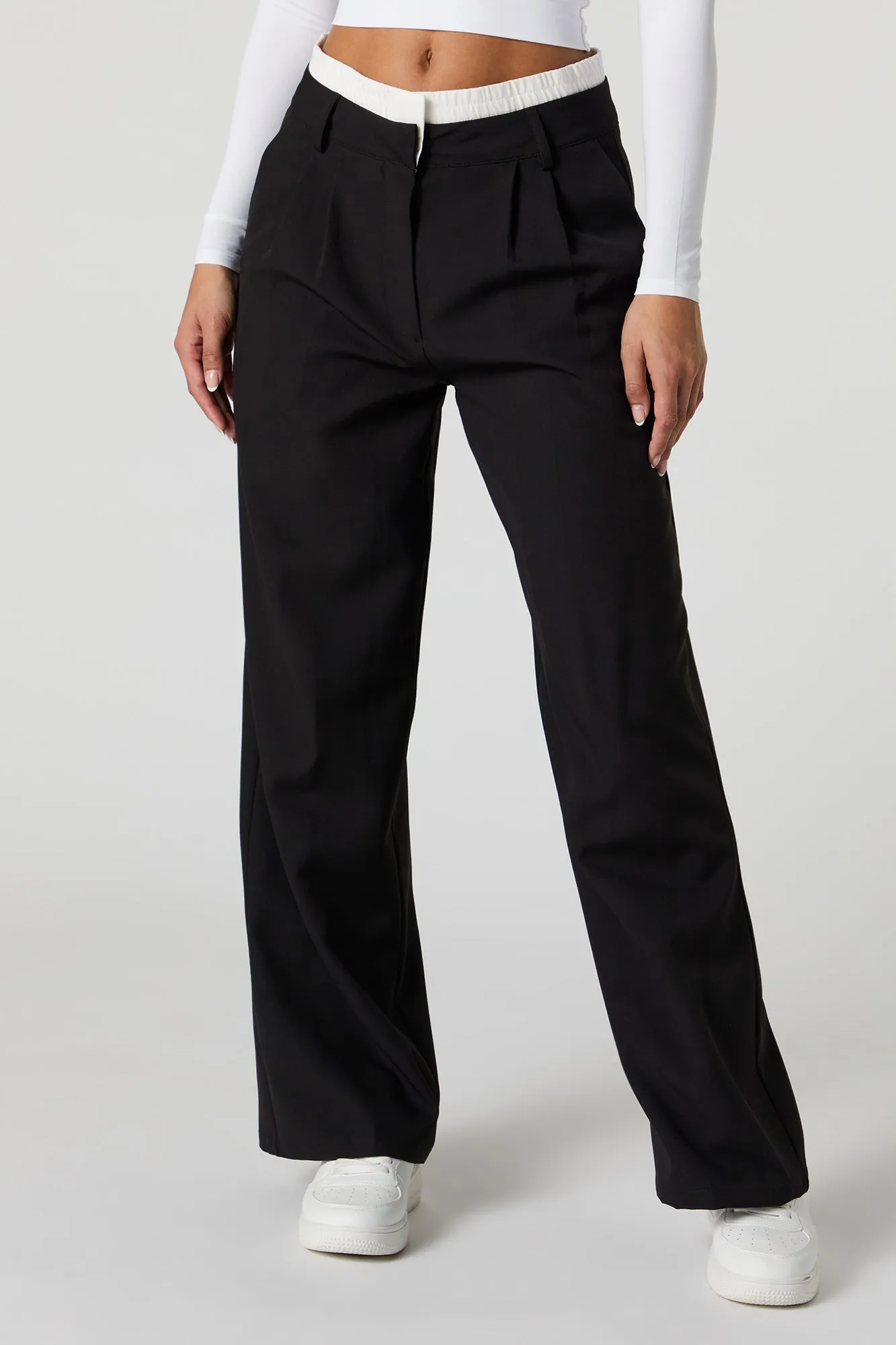 Contrast Waist Straight Leg Dress Pant