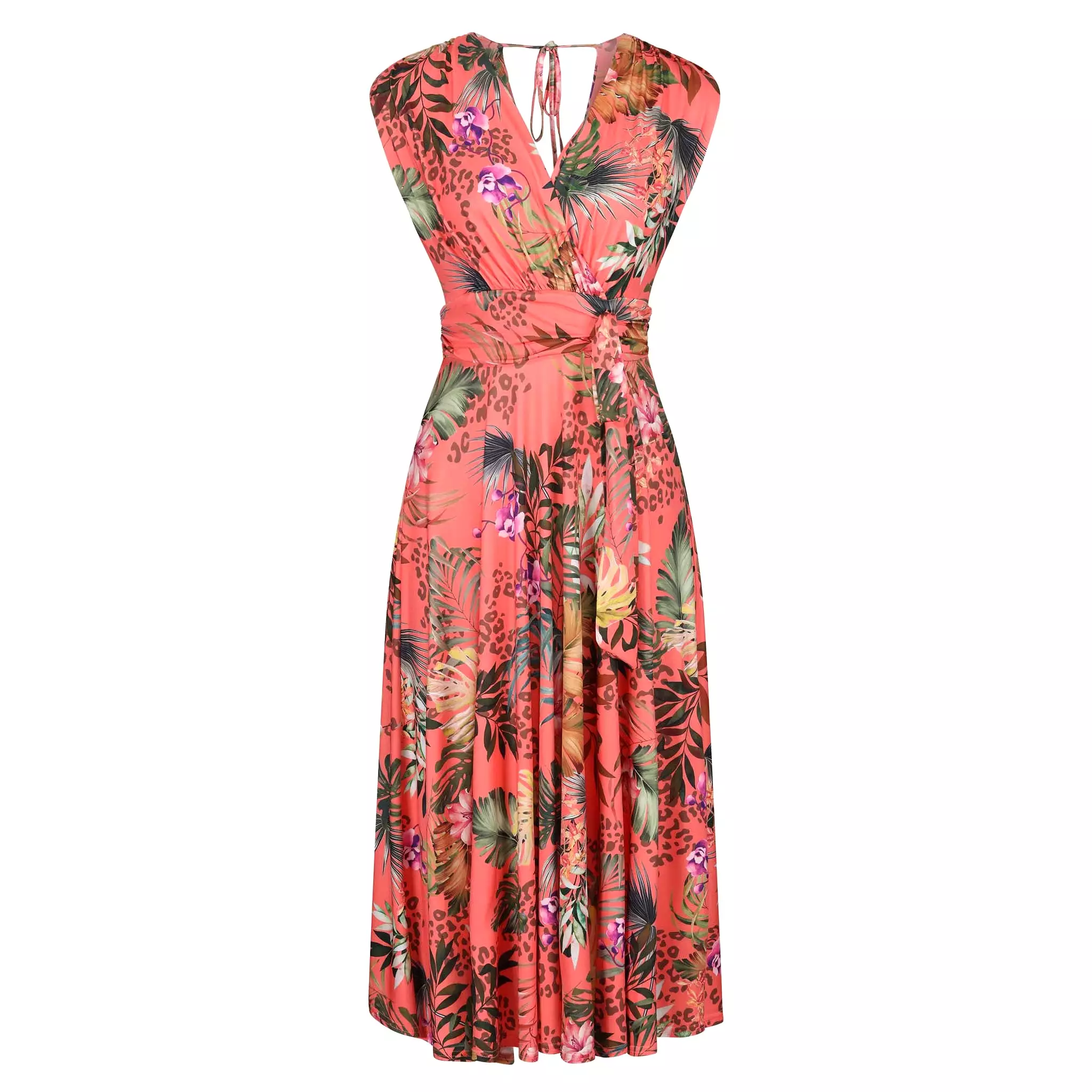 Coral Pink Tropical Floral V Neck Crossover Top Empire Waist Swing Dress