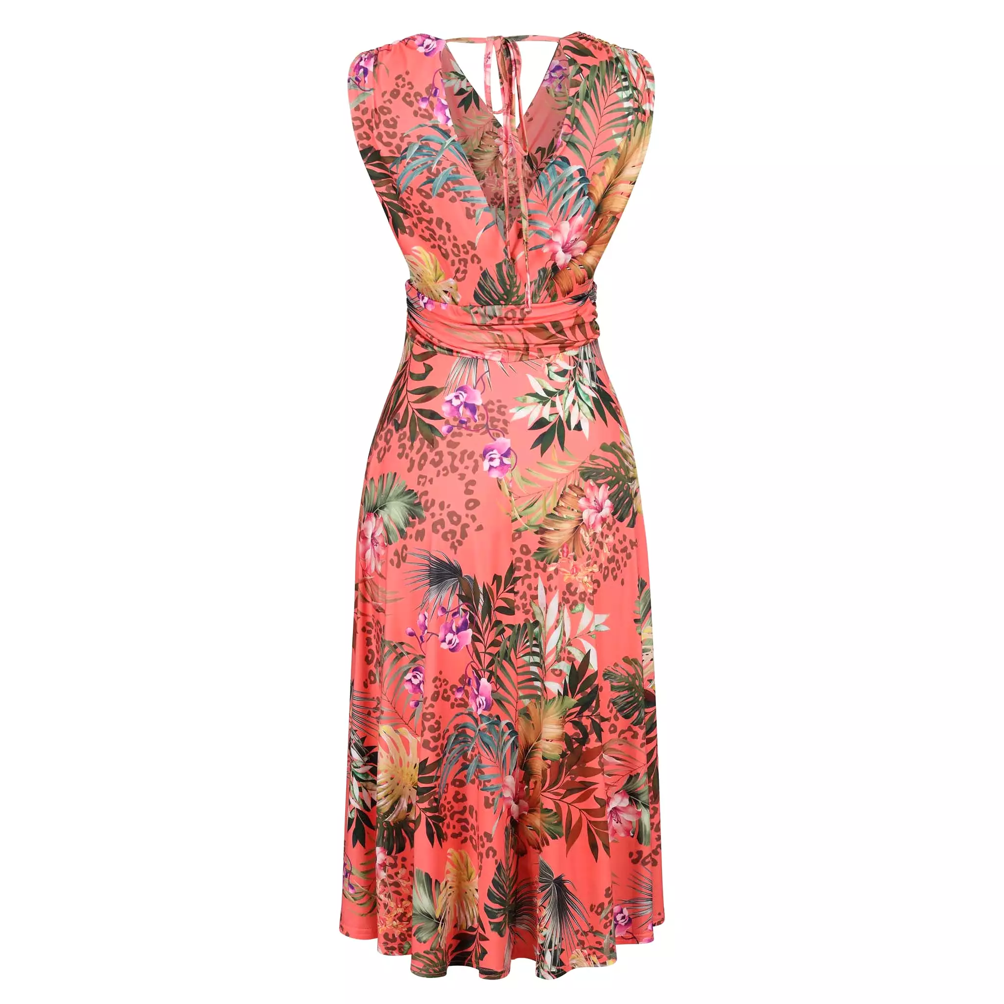 Coral Pink Tropical Floral V Neck Crossover Top Empire Waist Swing Dress