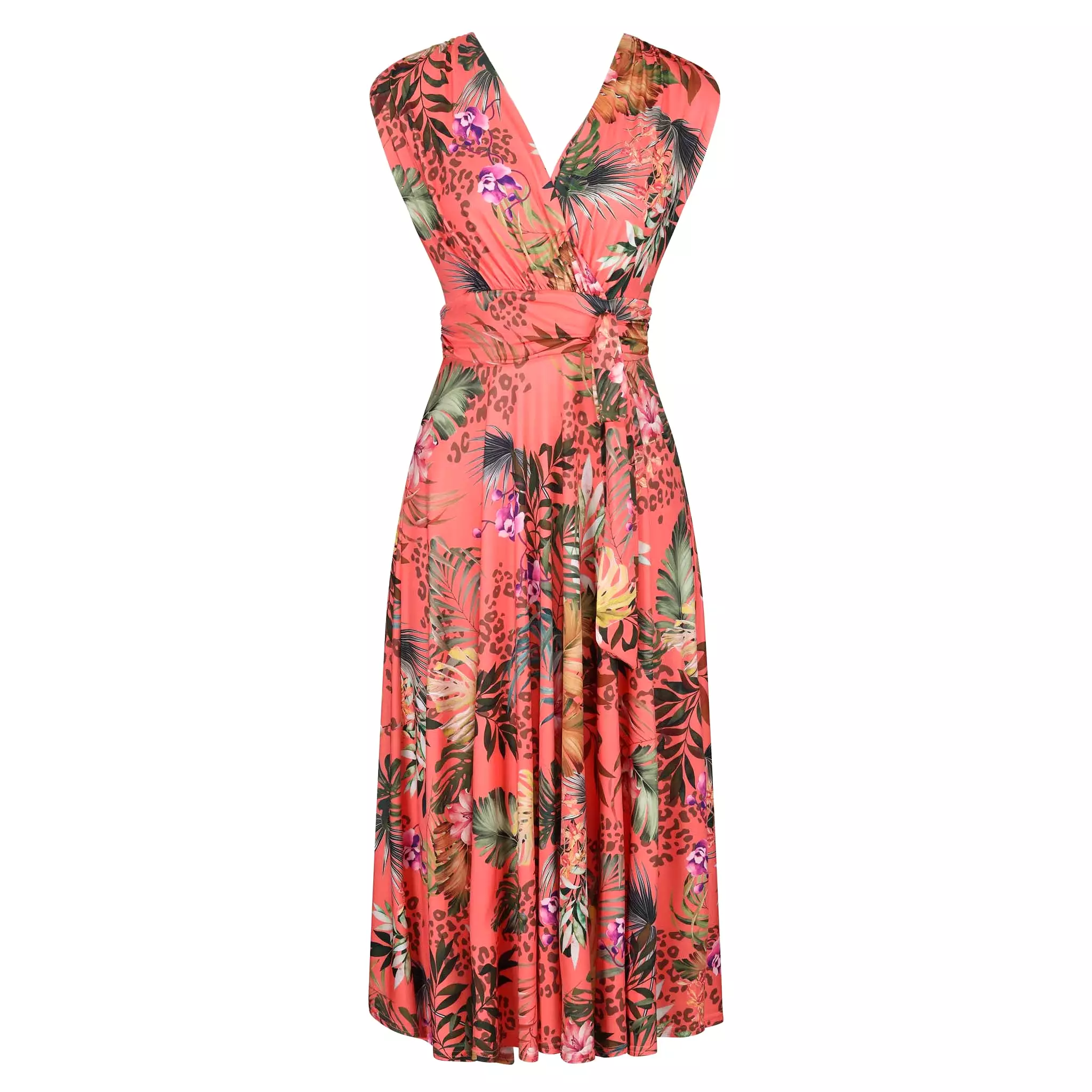 Coral Pink Tropical Floral V Neck Crossover Top Empire Waist Swing Dress