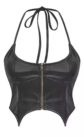 Crystal Halter Faux Leather Bustier Zipper Crop Top