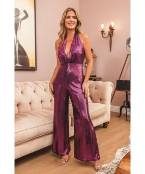 Cupshe x JoJo Fuchsia Sparkle Plunging Wide Leg Jumpsuit