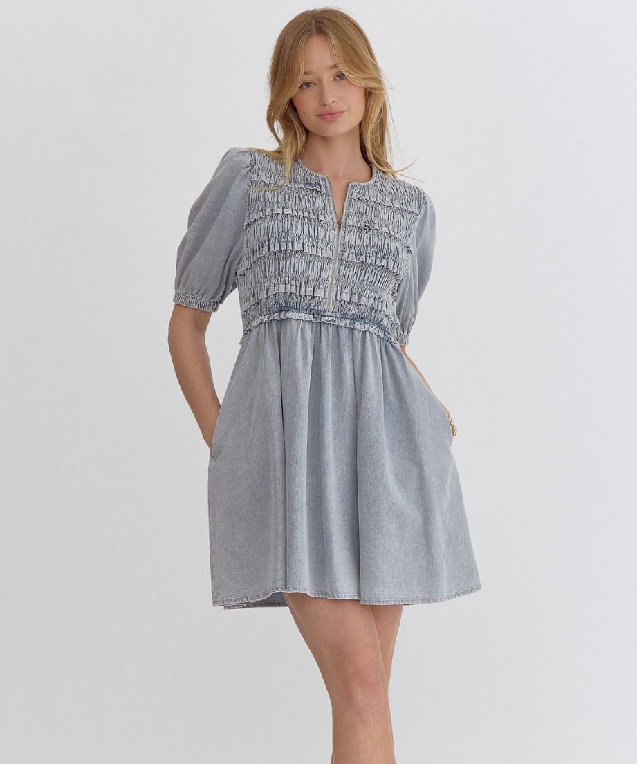 Denim Dress with Short Sleeves - Light Blue