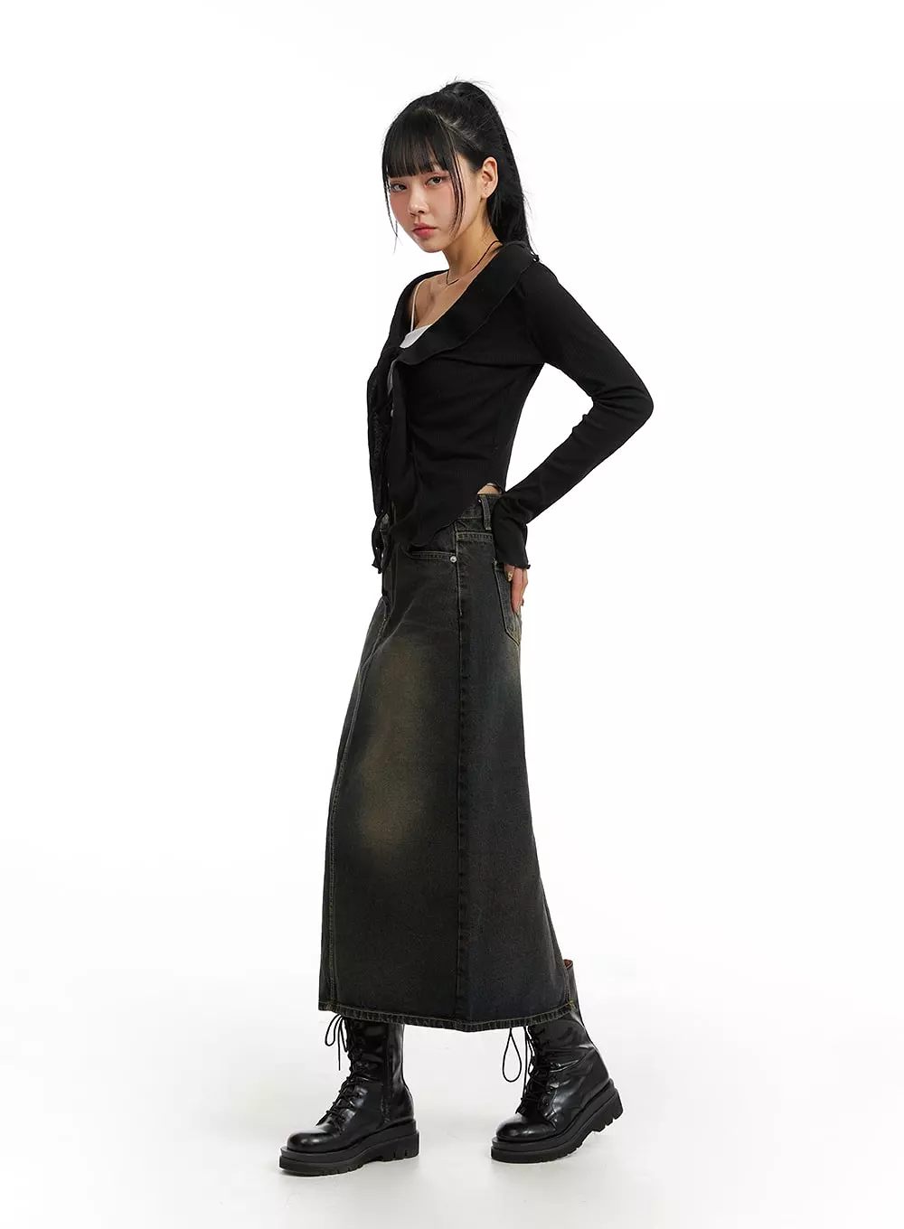 Denim Mid Waist Pocket Maxi Skirt CJ411