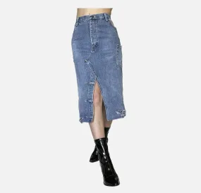 Denim midi skirt with slit and cutouts