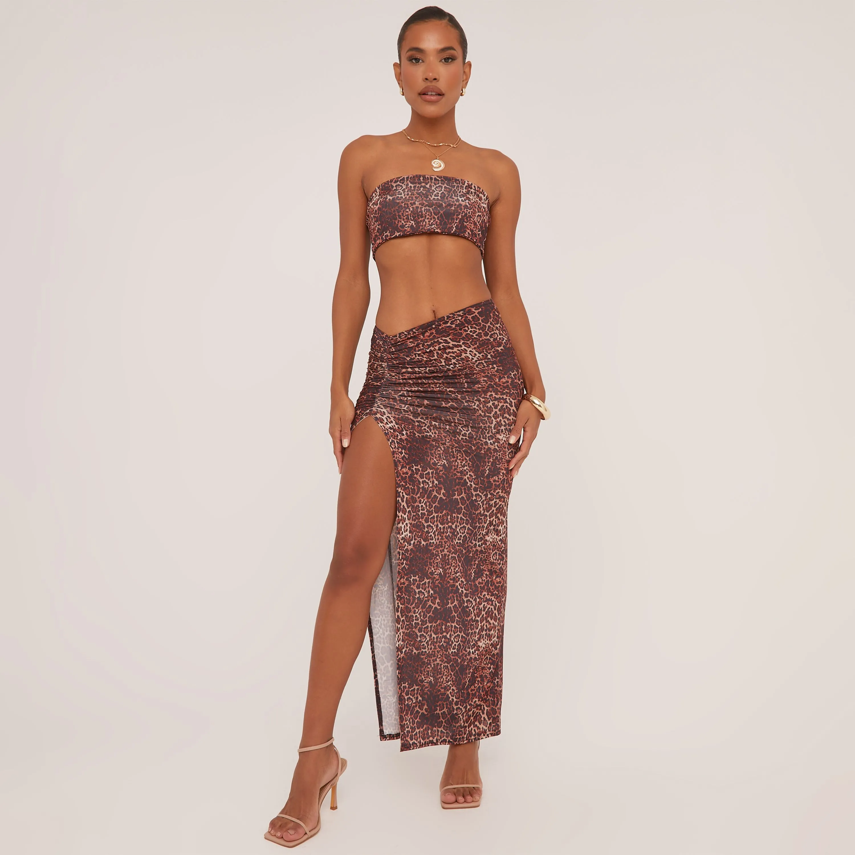 Dipped Waist Split Leg Maxi Skirt In Brown Leopard Print Slinky