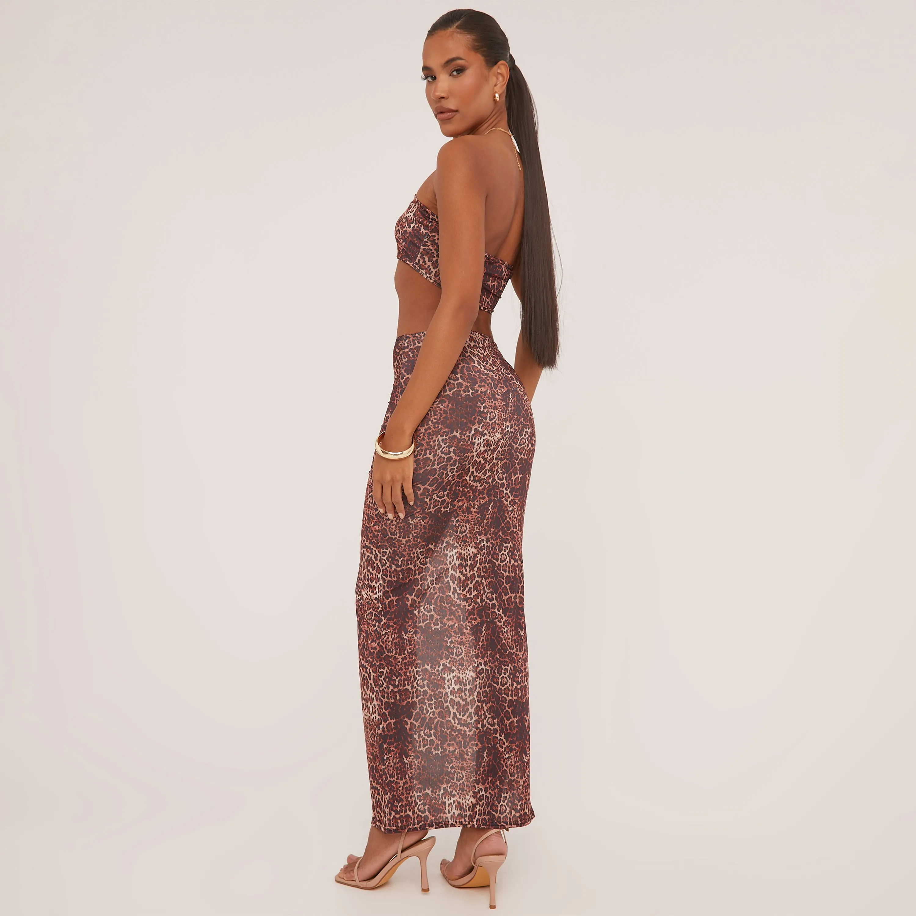 Dipped Waist Split Leg Maxi Skirt In Brown Leopard Print Slinky