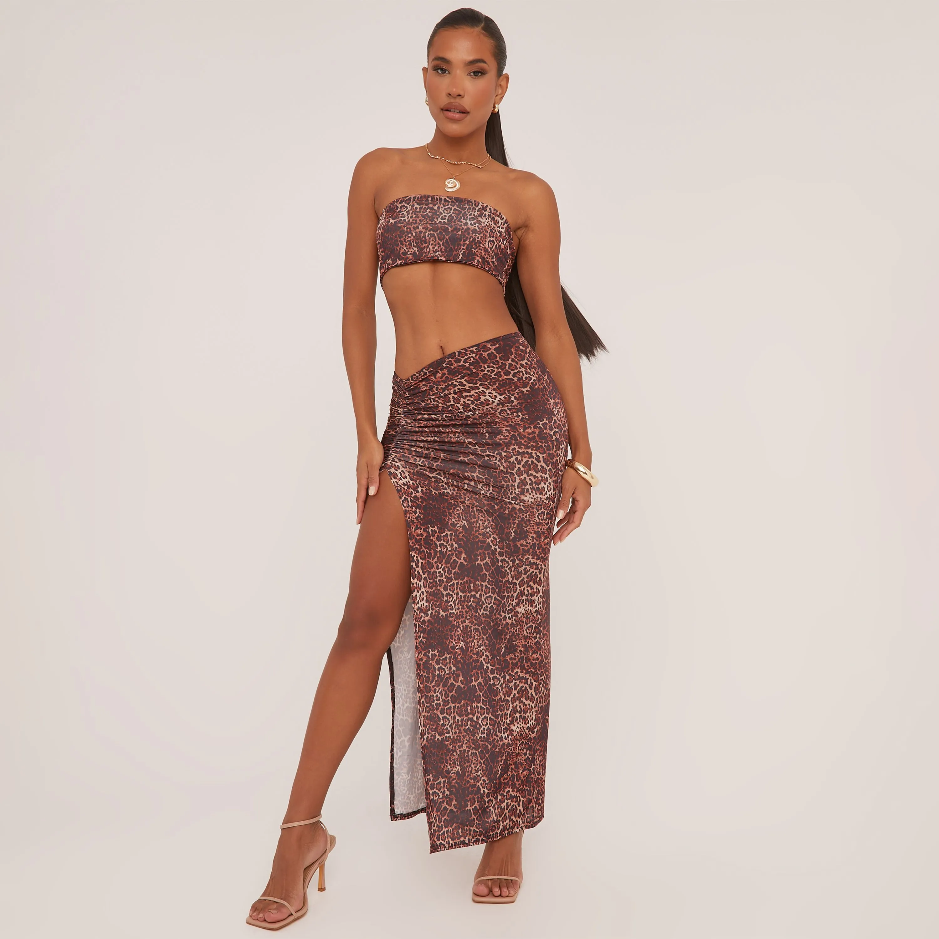 Dipped Waist Split Leg Maxi Skirt In Brown Leopard Print Slinky