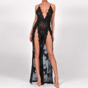 Double Split Sequin Mesh Deep V Strap Mesh Slit Overall Romper Runway Jumpsuit