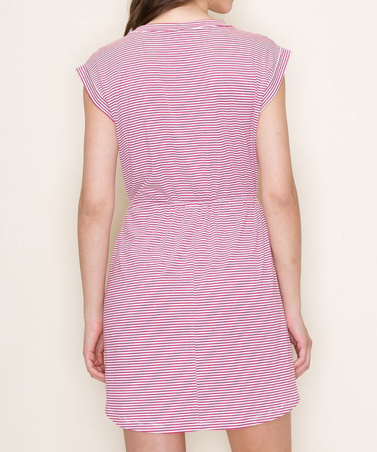 Drawstring Waist Stripe Dress -  Ivory/Fuchsia