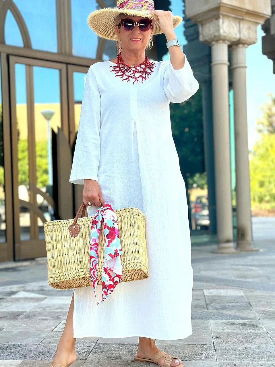 Elegant White Linen Maxi Dress with Ruched Pockets for Women